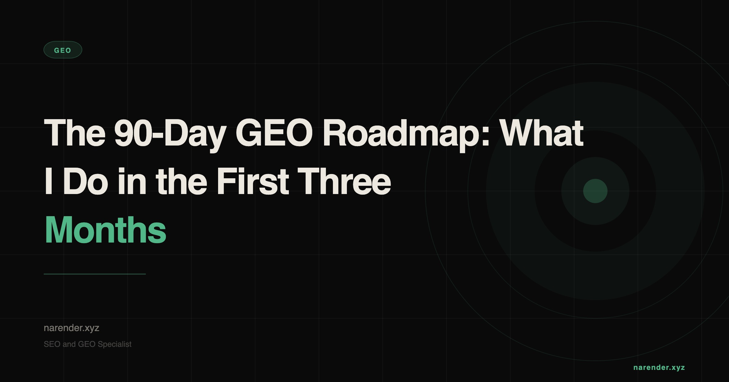 A 90-day calendar roadmap split into three months showing technical foundations, content restructuring, and authority building for GEO and SEO success