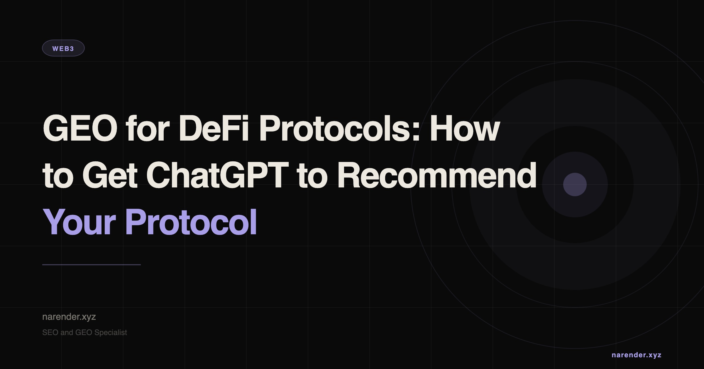 Abstract digital landscape showing a glowing DeFi protocol interface with ChatGPT chat bubbles and search engine result snippets floating above a blockchain network grid