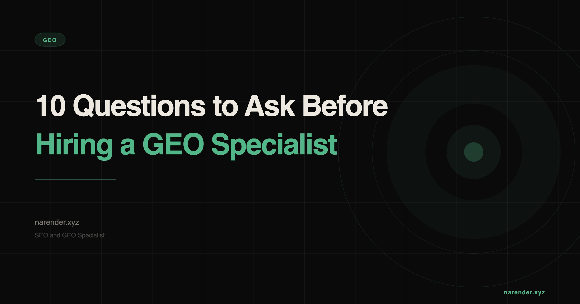 A person interviewing a GEO specialist sitting across a table with a laptop showing a ChatGPT response and a note card labeled with the 10 questions list