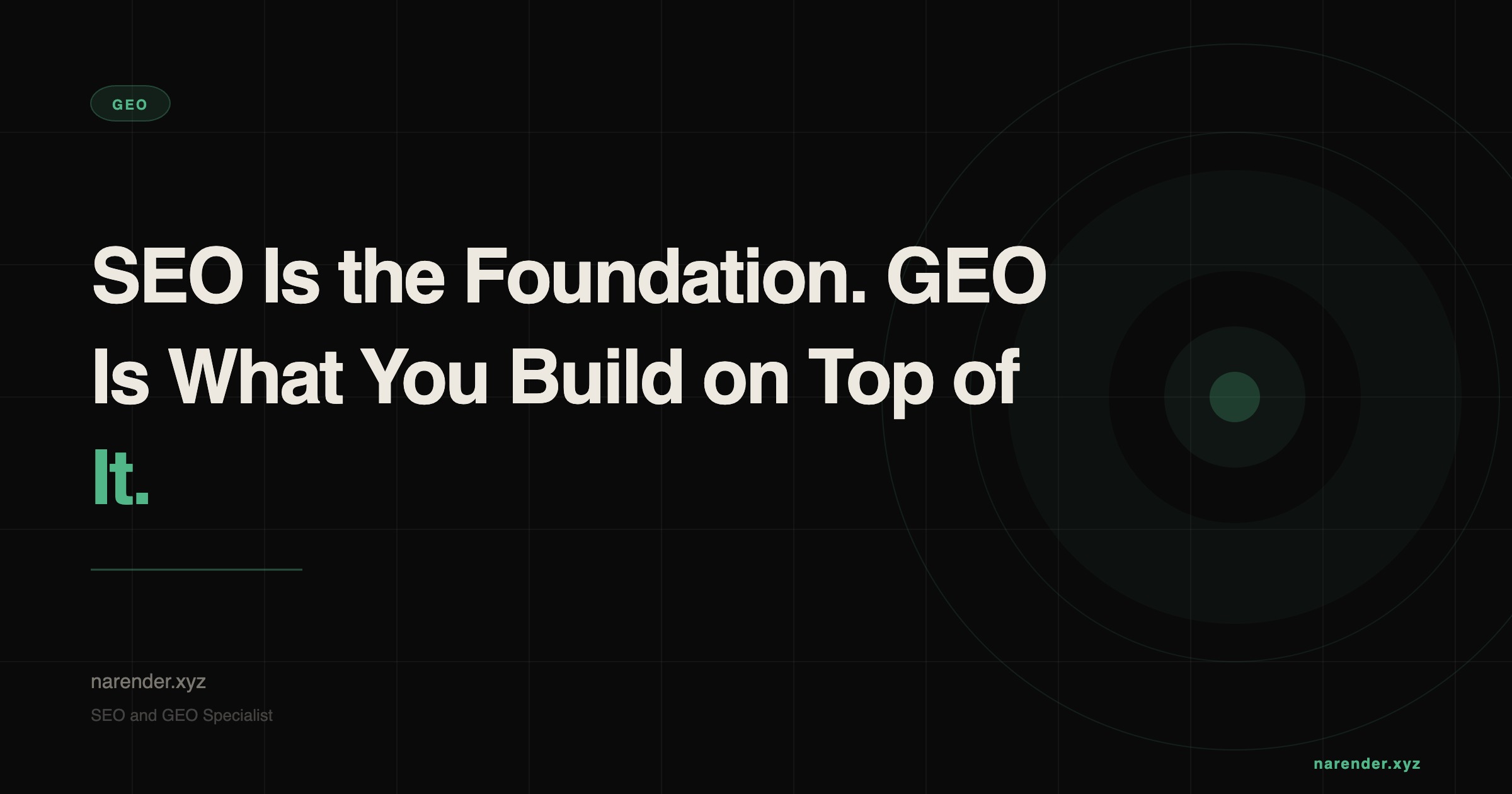 A construction diagram showing SEO as a concrete foundation labeled 'SEO' with a modern glass building labeled 'GEO' built on top of it